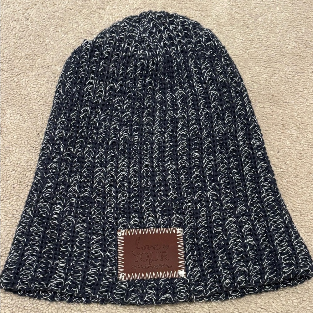 Love Your Melon Navy White Marled Knit Beanie Leather Patch Women’s Hat